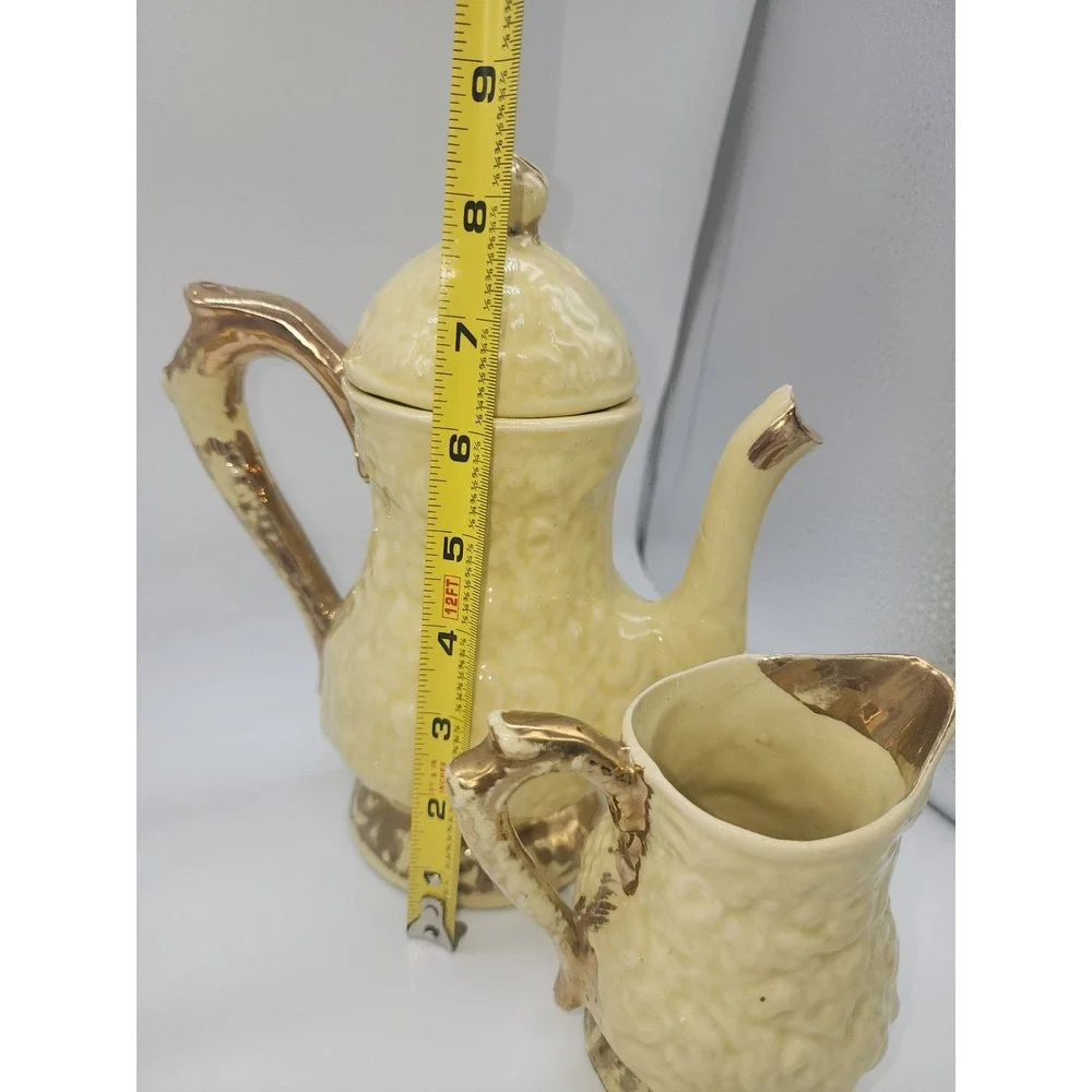 Vintage Yellow Ceramic Tea Set Embossed Floral Gold Trim Teapot Sugar Creamer